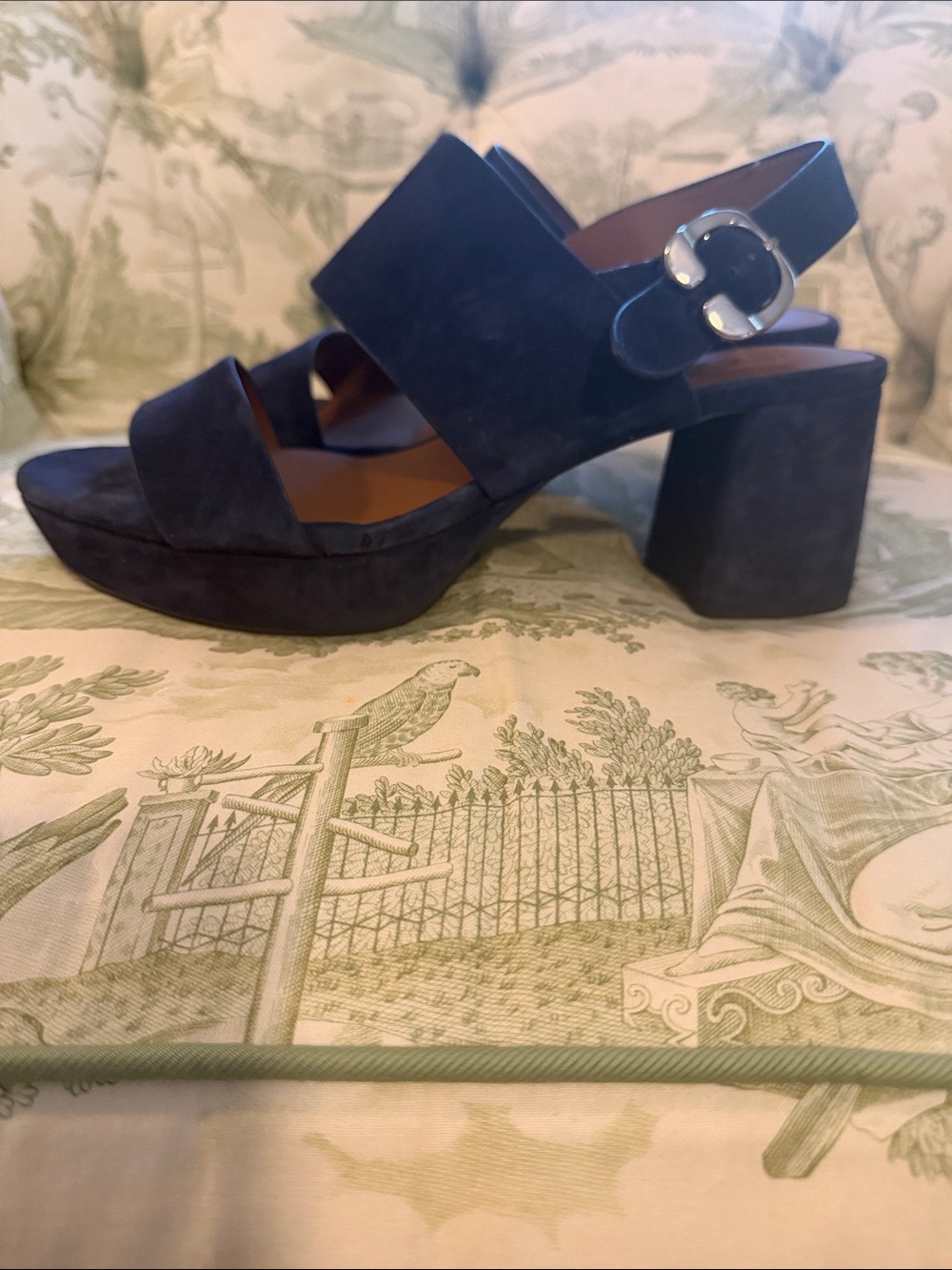 Chunky Navy Suede Platform Sandal with Decorative Buckle